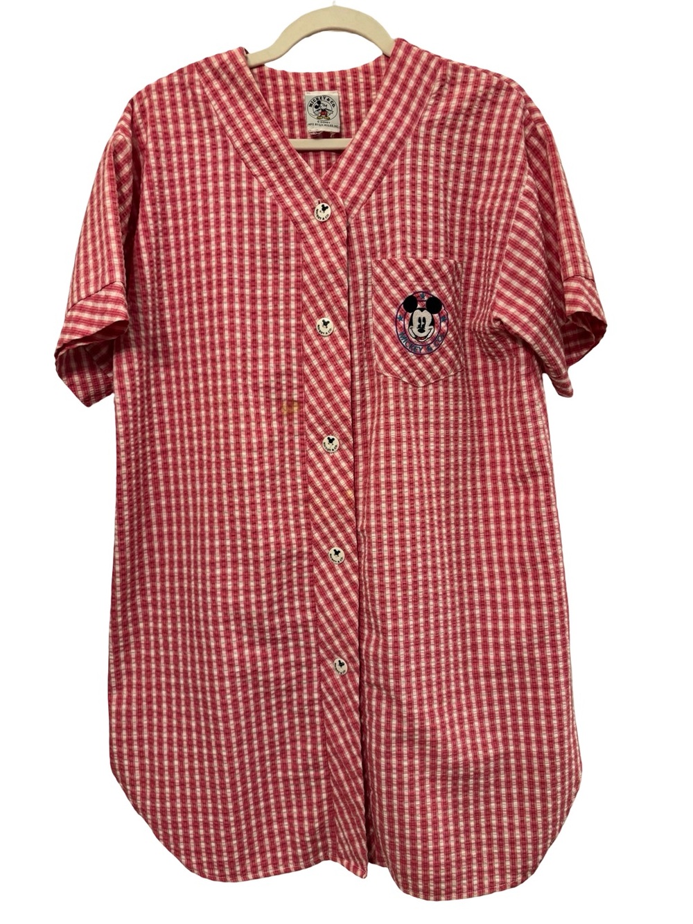 Disney Mickey Pink Gingham Lounging Textured Button-Front Pajama Shirt Dress M/L